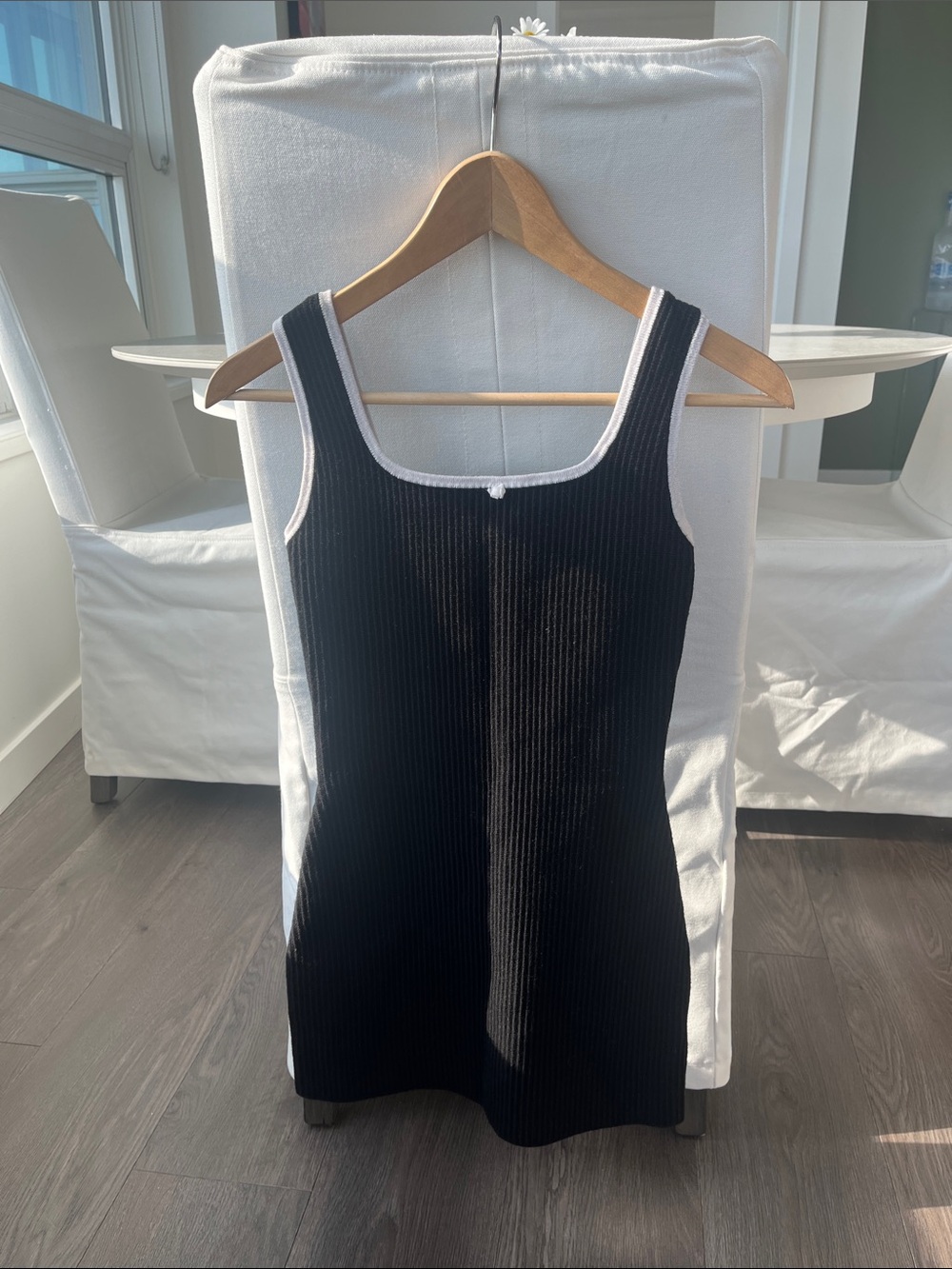Black Ribbed sweater dress with White Trim